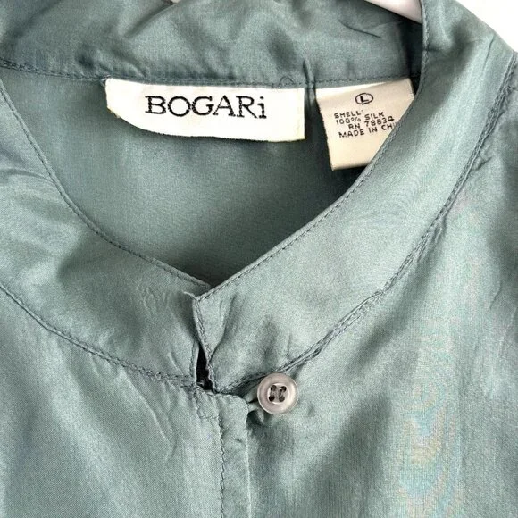 Bogari 100% Silk Tunic Button Front Satin Blouse Top Womens L Green Sage - Picture 2 of 9